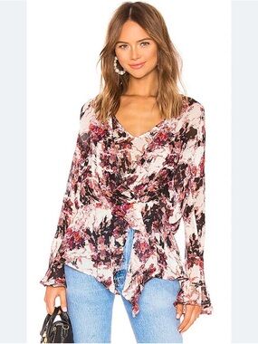 IRO Paragon Top Ecru Black Floral Peplum Hankerchief Hem 8/38 Romantic